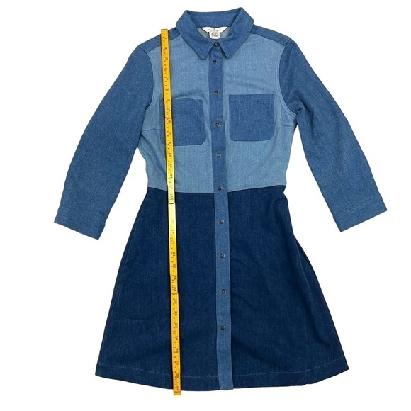French Connection Edie Denim Shirt Dress 3/4 Sleeve Snap Front Color Block 2 New - Picture 10 of 16
